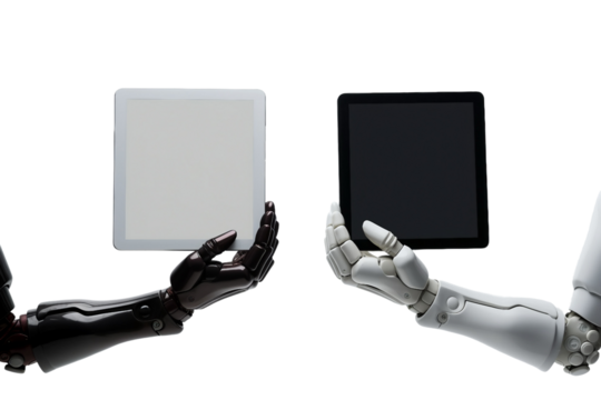 robot hands hold tablet on transparent background
