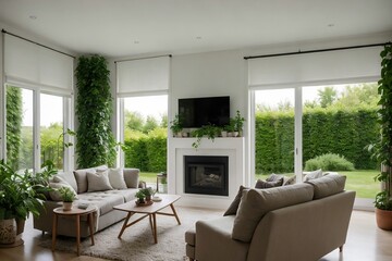 A large living room interior design, contemporary style with large windows in an eco-friendly environment. 