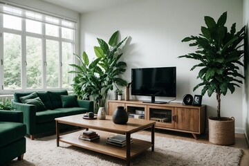 Fototapeta premium A large living room interior design, contemporary style with large windows in an eco-friendly environment. 