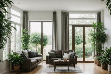 Fototapeta premium A large living room interior design, contemporary style with large windows in an eco-friendly environment. 
