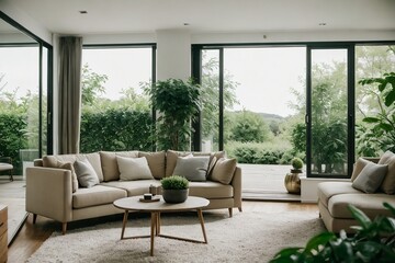 Fototapeta premium A large living room interior design, contemporary style with large windows in an eco-friendly environment. 