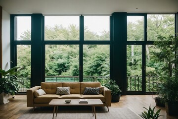 Fototapeta premium A large living room interior design, contemporary style with large windows in an eco-friendly environment. 