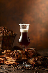 Coffee liqueur with cream on a brown background.