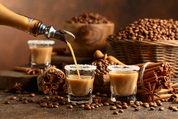 Irish cream and coffee liqueur is poured from a bottle into a glass.