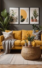 Cozy living room interior with mustard yellow sofa and decorative plants