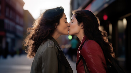 lesbian couple kissing in the street - obrazy, fototapety, plakaty
