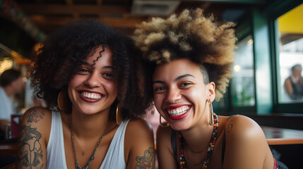 Obraz premium lesbian couple at cafeteria smiling to camera