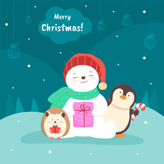 Christmas Party with Snowman, Hedgehog and Penguin
