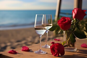 Seaside Elegance: A Table Set With Roses, Wine Glasses, And A Backdrop Of Beach Serenity