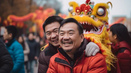 Kissenbezug two chinese man in china festivity dragon parade © Cavan