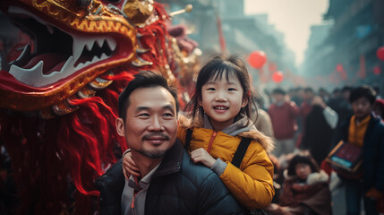 chinese father and his daughter enjoy the dragon festival
