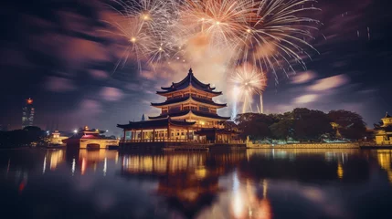 Papier Peint photo Pékin traditional chinese house and fireworks in the background