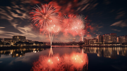 fireworks reflection on a river in china for new year - obrazy, fototapety, plakaty
