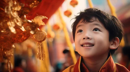 Rolgordijnen joyful chinese 6 years old kid watching dragon dance in new year © Cavan