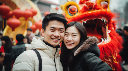 chinese young couple take selfie in front of dragon in new year - obrazy, fototapety, plakaty
