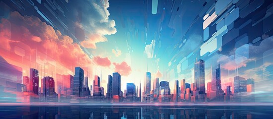 Modern cityscape with futuristic buildings and a digitally enhanced sky in cool colors.