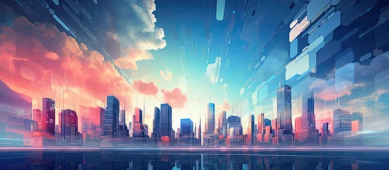 Fotobehang Modern cityscape with futuristic buildings and a digitally enhanced sky in cool colors. © AkuAku