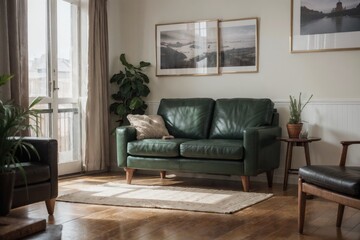 Interior design mockup with picture frame on a Wall. Living room in colors with sofa and painting.