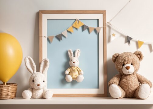 cozy nursery shelf with plush bunnies, teddy bear, and balloon
