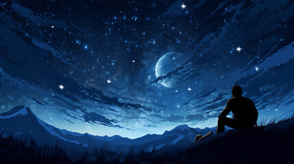 Obraz na płótnie Canvas A man gazes at the night sky