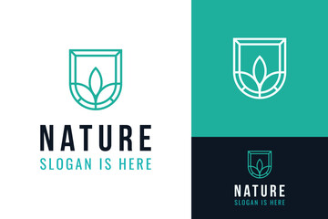 Simple Nature Leaf Leaves Shield Protect Forest Retro Emblem Logo Design Branding Template