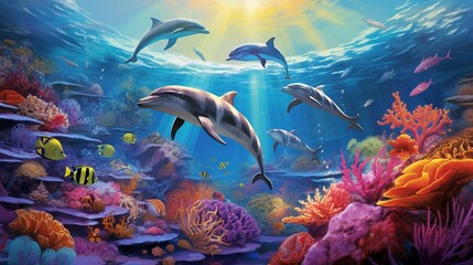 a pod of dolphins playfully dives in sync with a group of colorful reef fish amidst a thriving underwater ecosystem.