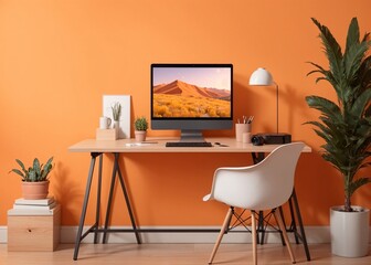 minimalist and stylish home office with computer, books, and green plants on orange wall