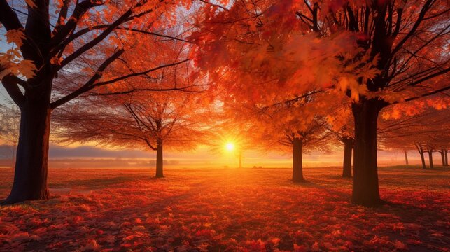a radiant sunrise casting a warm, golden light on trees cloaked in a mosaic of fiery red, orange, and yellow leaves.