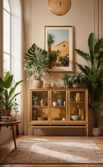 elegant interior, modern decor, golden cabinet, lush greenery, framed art