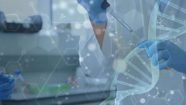 Animation of scientific data processing and dna strand over scientists in laboratory