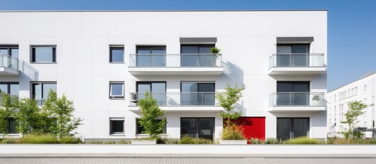 Modern apartment building with white exterior wall.