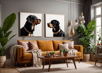 modern living room decor with elegant dog portraits, cozy sofa ambiance
