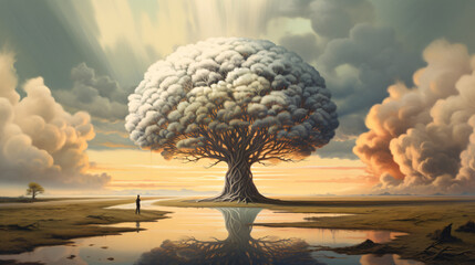 A surreal landscape of a towering tree