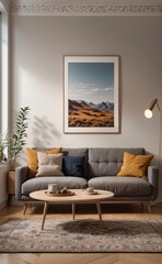 cozy and well-lit living room with a grey sofa and a colorful artwork
