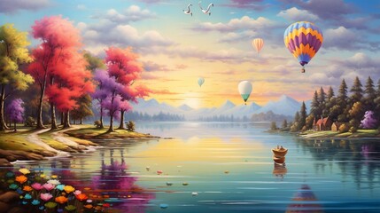 a serene lakeside view with a colorful hot air balloon taking off, and a pair of graceful swans gliding across the tranquil waters. - obrazy, fototapety, plakaty