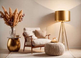 cozy and elegant interior with tripod lamp, dried plants, and golden accents