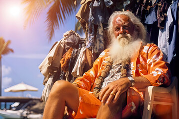 Content-looking old hippie in bright beachwear on a chair in front of hung shirts