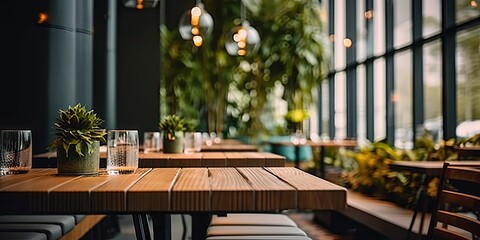 Contemporary dining experience. Modern wooden table and chairs set in stylish and elegant restaurant interior. Urban elegance. Empty desk and chair in interior with beautiful design and ambiance - obrazy, fototapety, plakaty