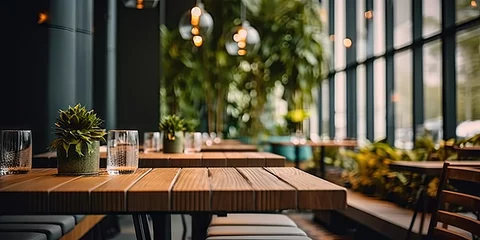 Foto op Plexiglas Contemporary dining experience. Modern wooden table and chairs set in stylish and elegant restaurant interior. Urban elegance. Empty desk and chair in interior with beautiful design and ambiance © Bussakon