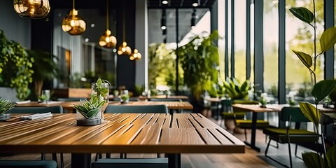 Contemporary dining experience. Modern wooden table and chairs set in stylish and elegant restaurant interior. Urban elegance. Empty desk and chair in interior with beautiful design and ambiance