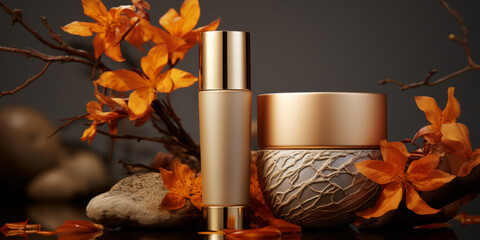 Luxury golden cosmetic product mockups on wooden podium with autumn leafs. Background for presentation of cosmetic.