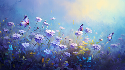 An artistic portrayal of wildflowers like chamomile 
