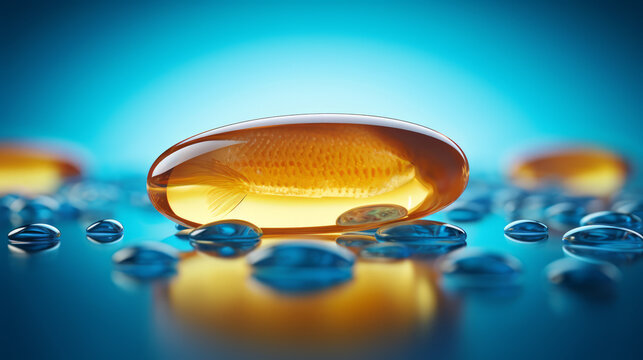 Omega-3 capsules on blue background. Fish oil in pills.