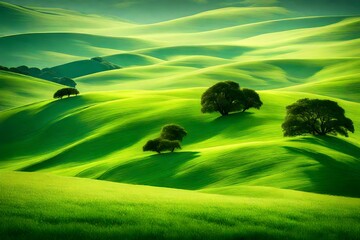 Rolling hills covered in vibrant green grass, dotted with majestic trees that sway in a gentle breeze