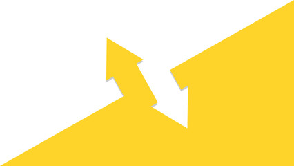 Image divided in two diagonally, with two arrows pointing in opposite directions. Yellow and white background.  - obrazy, fototapety, plakaty