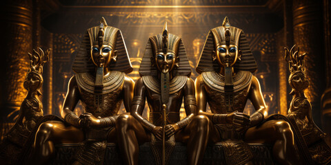 Golden statues of three ancient Egyptian gods in the temple. - obrazy, fototapety, plakaty