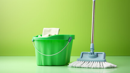 Cleaning concept. Plastic bucket with cleaning supplies on green background. - obrazy, fototapety, plakaty