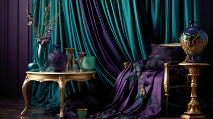 a silky background with a symphony of rich jewel tones, like amethyst, topaz, and emerald, interwoven to evoke a sense of regal elegance and drama.