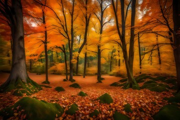 A symphony of colors as autumn leaves cover the ground, contrasting with the deep green grass in a peaceful woodland setting