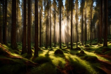 A clear day in a pine forest, with the forest floor blanketed in lush grass and sunlight filtering through the towering trees